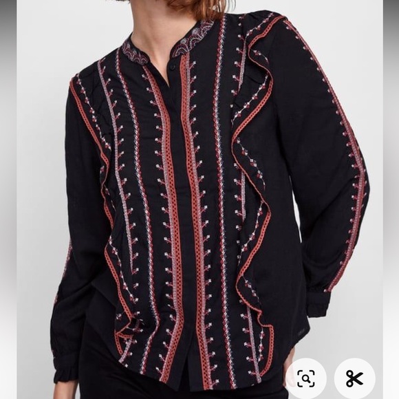 Zara Premium Floral Embroidered Button Down Boho Top Blouse Ruffled M - Picture 1 of 11